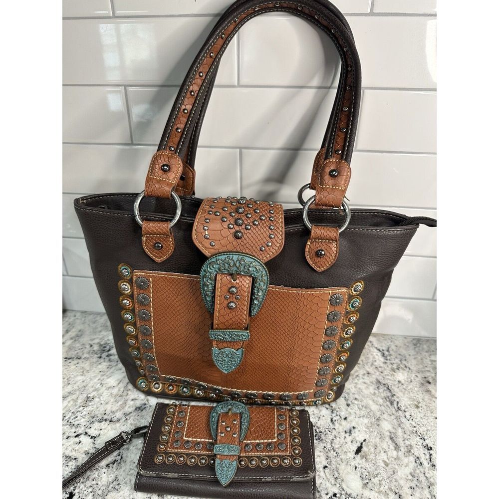 Montana West Brown and Tan Studded Buckle Tote with Matching Wallet